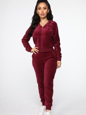 NEW Fashionova Women's Burgundy Velour Zip Hoodie & Jogger Set Size XL